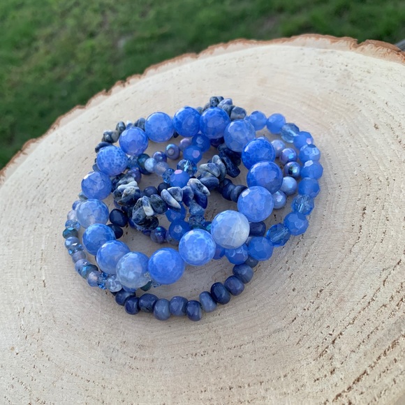 Natural Blue Agate & Kyanite Gemstone Mixed Smooth Round Bead Bracelet Stack - Picture 6 of 12